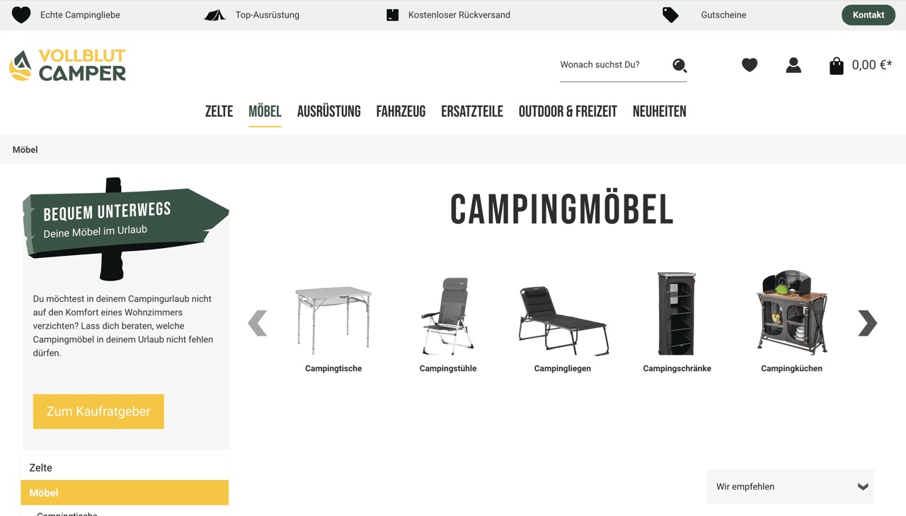 Shopware Projekt Vollblut Camper Category Site von der Shopware Agentur enno.dev – E-commerce Lösungen