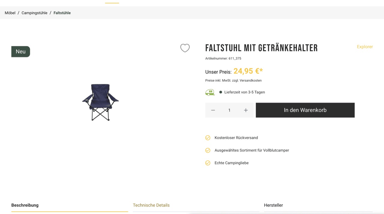 Shopware Projekt Vollblut Camper Produkt Site von der Shopware Agentur enno.dev – E-commerce Lösungen